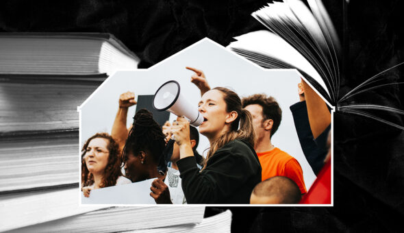 A background image of textbooks and handbooks laid over a building silhouette with students engaging in free speech on campus.