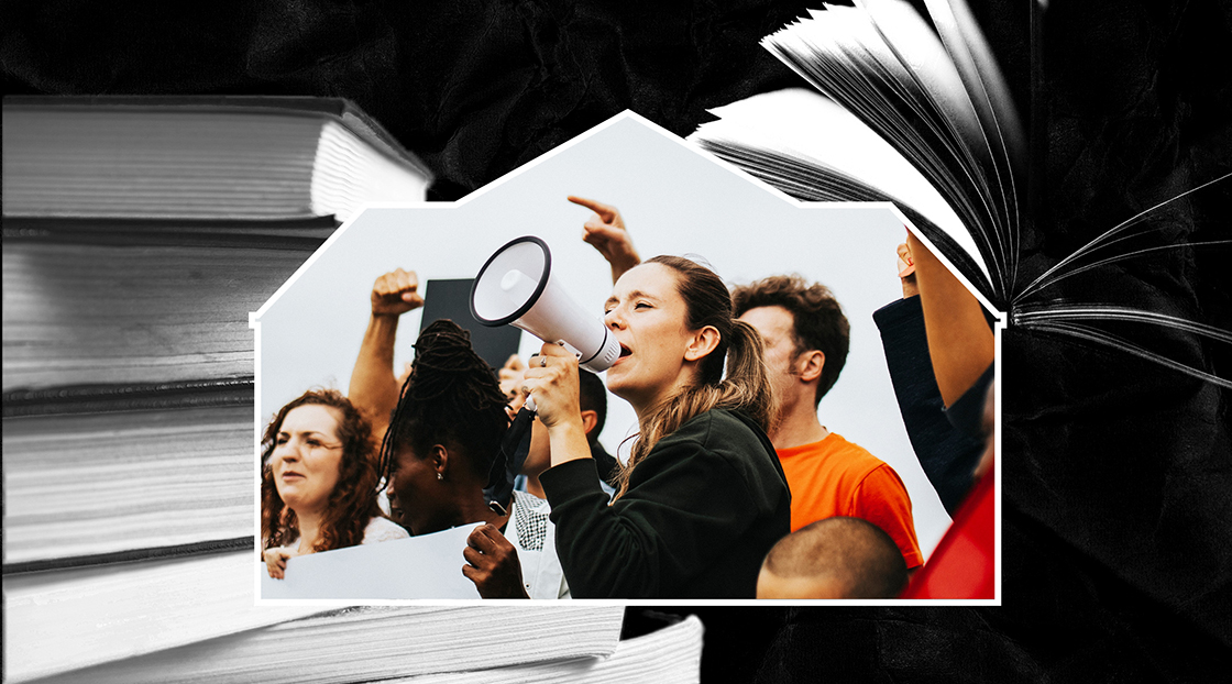 image - A background image of textbooks and handbooks laid over a building silhouette with students engaging in free speech on campus.