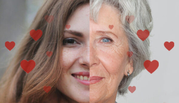 Two social media professionals at different ages. On the left, a young woman with long brown hair and light skin, and on the right, an older woman with short, gray hair and light skin. On both images are social media heart icons.