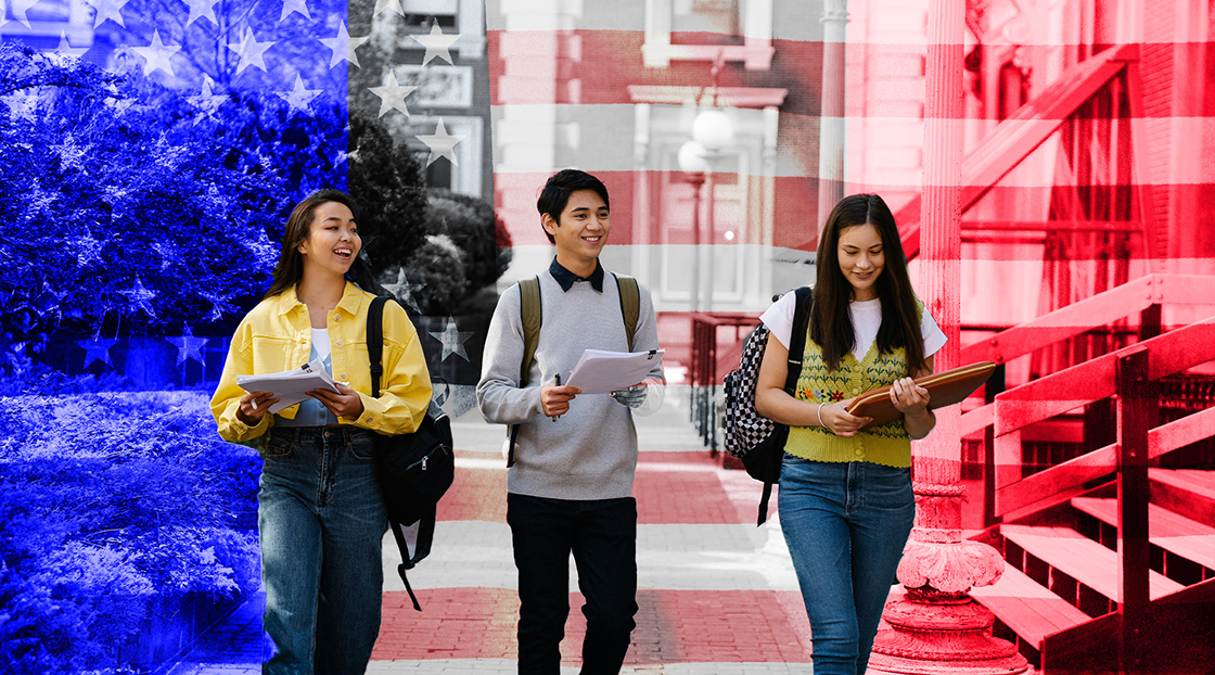 image - Do politics shape college choice? Here’s how institutions can respond article image. Three students on campus with red, blue, and neutral lines (US flag) separating them representing the political parties.