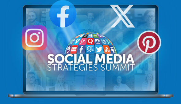 An image of a laptop with the words "Social Media Strategies Summit" as well as the logos for Instagram, Facebook, X, and Pinterest.