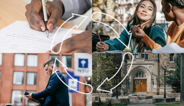 Three keys to turn students into stakeholders by humanizing the experience article image. Collage of four images, top left: A close-up of a hand signing a document with a pen. Top right: two students smiling and collaborating outdoors. Bottom left: a professional standing outside a university building, holding a tablet. Bottom right: a classic stone university building with an arched wooden door, surrounded by greenery. White circular arrows overlay the images.