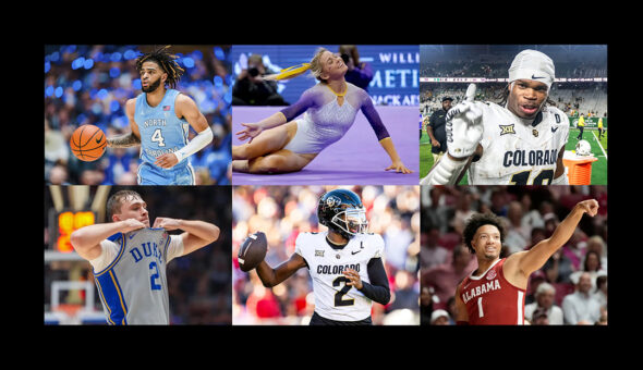 "The NIL Top 10: Who are the highest-paid college athletes?" article image displaying a collage of six college athletes across different sports, each wearing their team uniforms and caught in action. The top row includes a basketball player from North Carolina dribbling the ball, a gymnast on the floor mid-performance, and a football player from Colorado gesturing with his hands after a game. The bottom row shows a Duke basketball player preparing to take a shot, another football player from Colorado looking focused, and an Alabama basketball player pointing confidently.