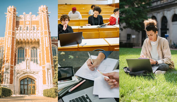 Goodbye, US News? Alternative college rankings are reshaping higher education article image. A collage of four images representing different aspects of higher education: A historic, red-brick college building with tall, ornate towers and large windows under a clear blue sky. Students sitting in a lecture hall, working on laptops and taking notes. Close-up of hands writing on papers with a laptop and stationery nearby, symbolizing studying and problem-solving. A student sitting outdoors on a green lawn, using a laptop with books and a bag beside them, highlighting flexibility and independent learning.