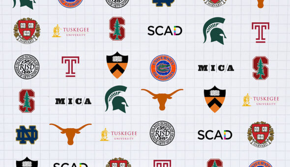 Grid of iconic college and university logos featuring institutions like Harvard, Tuskegee University, Stanford, SCAD, Michigan State, Temple University, Princeton, University of Florida, RISD, MICA, Notre Dame, and the University of Texas. The logos are displayed on a white grid background.