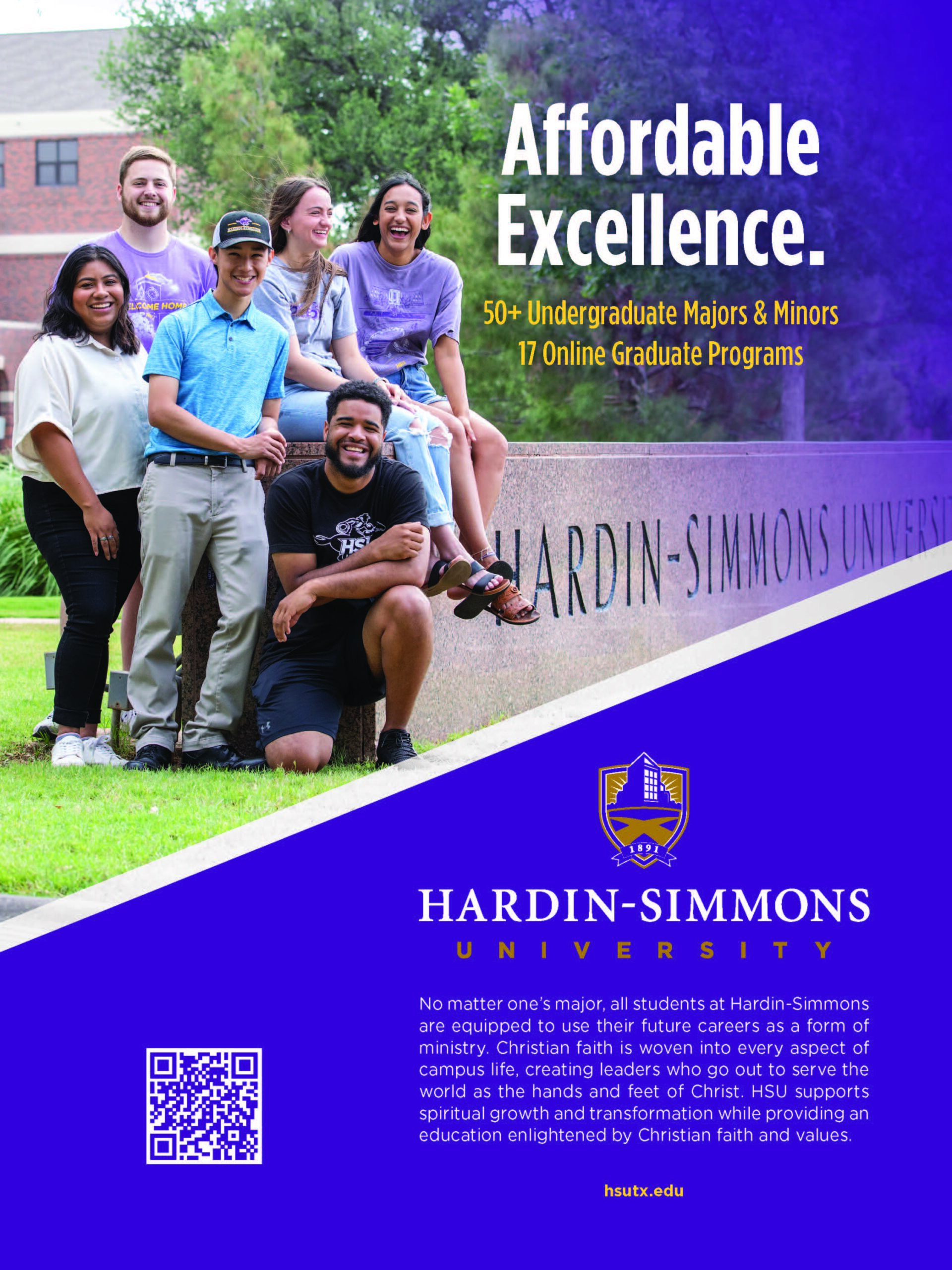 A promotional poster for Hardin-Simmons University featuring a diverse group of six students smiling and sitting together near a university sign. The text highlights 