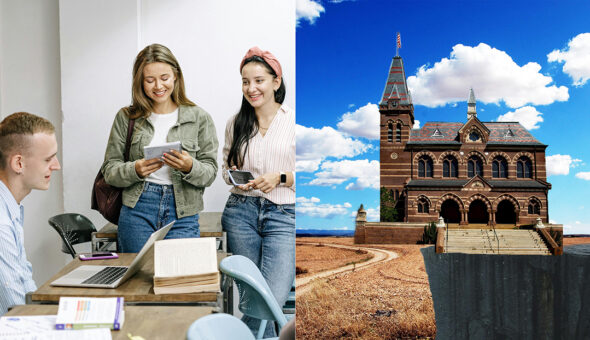 A split image with two female students, both with long brown hair, standing and speaking with a seated male professor with short blond hair. To the right is a school building teetering on the metaphorical demographic cliff.