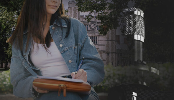 Podcasts give alumni and the university a chance to build their brands article image. A young woman in a denim jacket writes in a notebook while sitting outdoors. Behind her, a historical building with a clock tower is visible, alongside a large microphone graphic, symbolizing the theme of podcasts and storytelling in an academic setting.