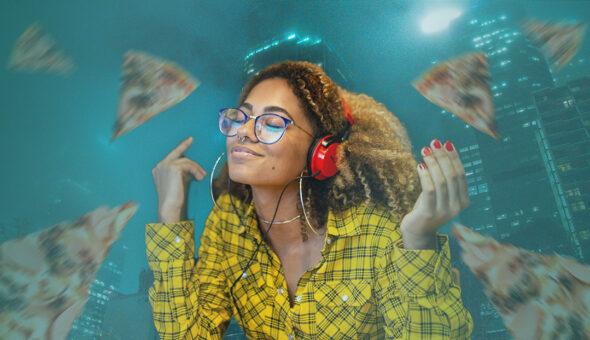 Boring? Think Again: Social Media Content That Stole the Show in 2024 article image. A young woman with curly hair, wearing glasses and a yellow plaid shirt, enjoys listening to music on red headphones. She appears relaxed and happy, surrounded by floating slices of pizza in a surreal, neon-lit cityscape background.