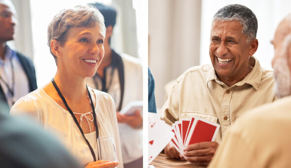 Redefining Alumni Relationships: What do they want from you? article image. A split image showing two engaging moments at an event. On the left, a woman with short gray hair smiles warmly while holding a glass and wearing a name badge. On the right, a man with short gray hair laughs joyfully while playing a card game with others.