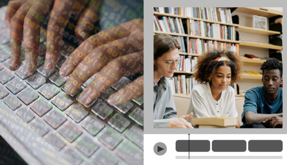 Can generative AI video be used in higher ed marketing? article image. Split image: On the left, a close-up of hands typing on a keyboard, overlaid with lines of programming code. On the right, three diverse students sitting together in a library, engaged in collaborative learning, with an overlay resembling a video timeline below.