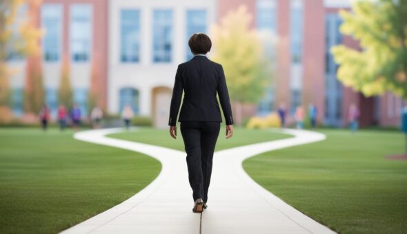 Higher ed weighs the impact of Trump’s executive orders on DEI initiatives article image. A woman in a black business suit walks toward a grand, neoclassical-style university building with a red roof and white columns. The sun casts long shadows, highlighting a well-maintained campus with green lawns and a paved walkway leading to the entrance.