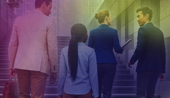 Digital skills for all starts with the basics article image. A group of office workers are walking upstairs with their backs to the camera, engaged in a discussion. The image has a subtle pink to yellow glow gradient overlay with abstract circuit patterns.