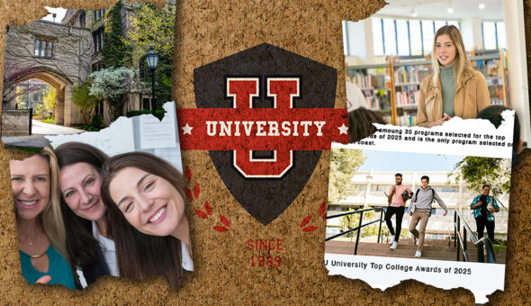 A brand-first strategy is your competitive edge article image. A collage-style image featuring a fictional university named "U University." In the center is a corkboard background with a shield emblem reading “UNIVERSITY” and “Since 1899.” Surrounding the emblem are torn paper photos: a scenic college campus with arched stone buildings, three smiling women posing together, a young woman presenting in a library, and a group of students walking energetically down steps. One torn paper segment includes text recognizing the university in the "Top College Awards of 2025."
