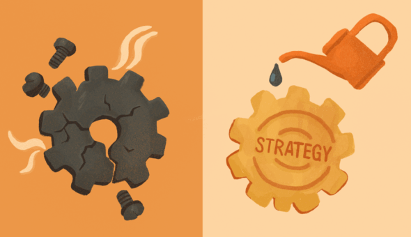 Rebuilding Higher Ed Brand Strategy Around Purpose article image. Split-screen illustration showing two gears. On the left, a cracked, blackened gear with loose bolts and steam represents a broken or overworked system. On the right, a golden gear labeled “STRATEGY” is being carefully oiled by a watering can, symbolizing nurturing, alignment, and effective planning.
