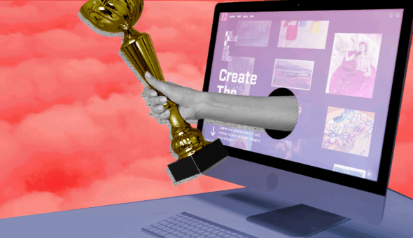 A computer monitor displays a colorful college website featuring artwork and design. A hand holding a gold trophy reaches out from the screen, symbolizing digital excellence. The background is a soft red gradient, suggesting celebration. This image represents award-winning college websites recognized for standout design and user experience.