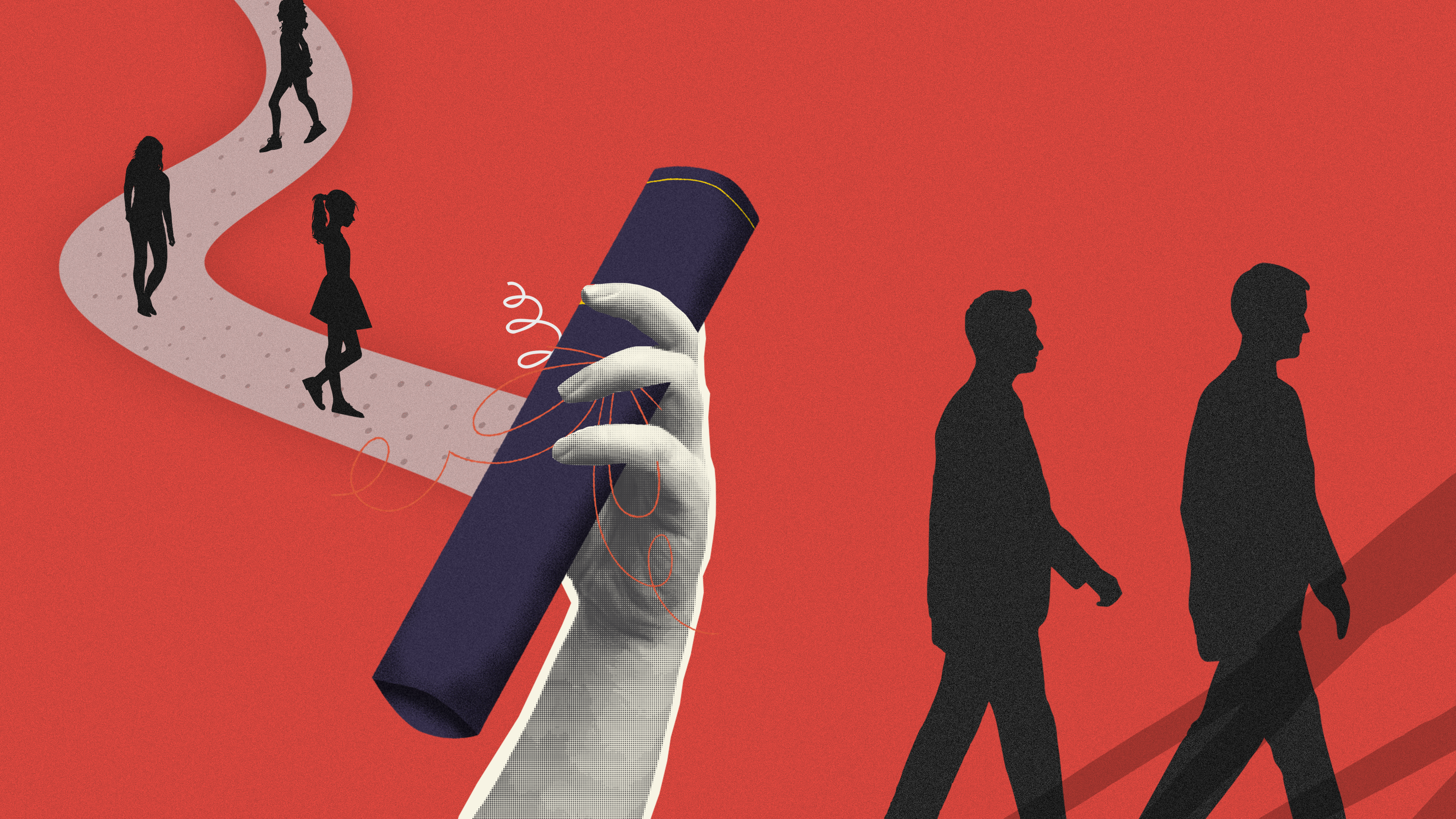 How Colleges Market to Men article image. Illustration of a white hand holding a rolled-up diploma on a bold red background. On the left, four silhouettes of students walk along a winding path toward the diploma. On the right, two shadowed figures walk away, symbolizing divergence or departure from higher education.