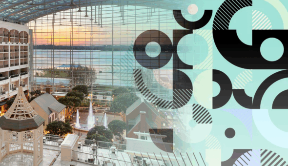 Graphic image combining the atrium of a large conference hall with a design of black circules and squares on an aqua background.