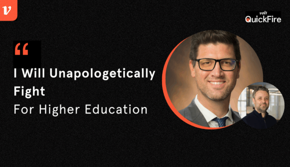 Headshot of a man with glasses and the text 'I will unapologetically fight for higher education.'