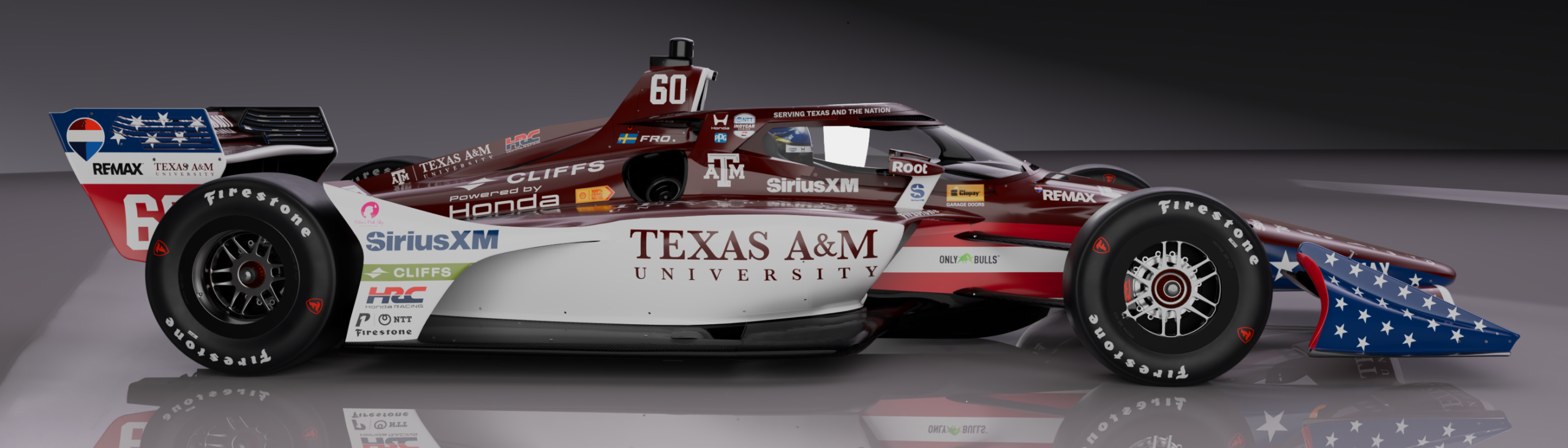 Side view of Texas A&M branded IndyCar